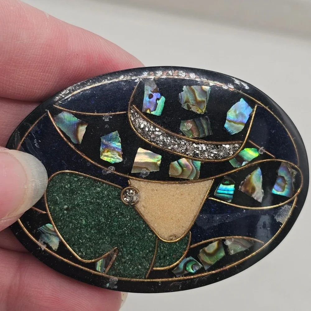Vintage Abalone Shell Inlay Brooch Pin Set Lady in Hat Silhouette Mosaic Art